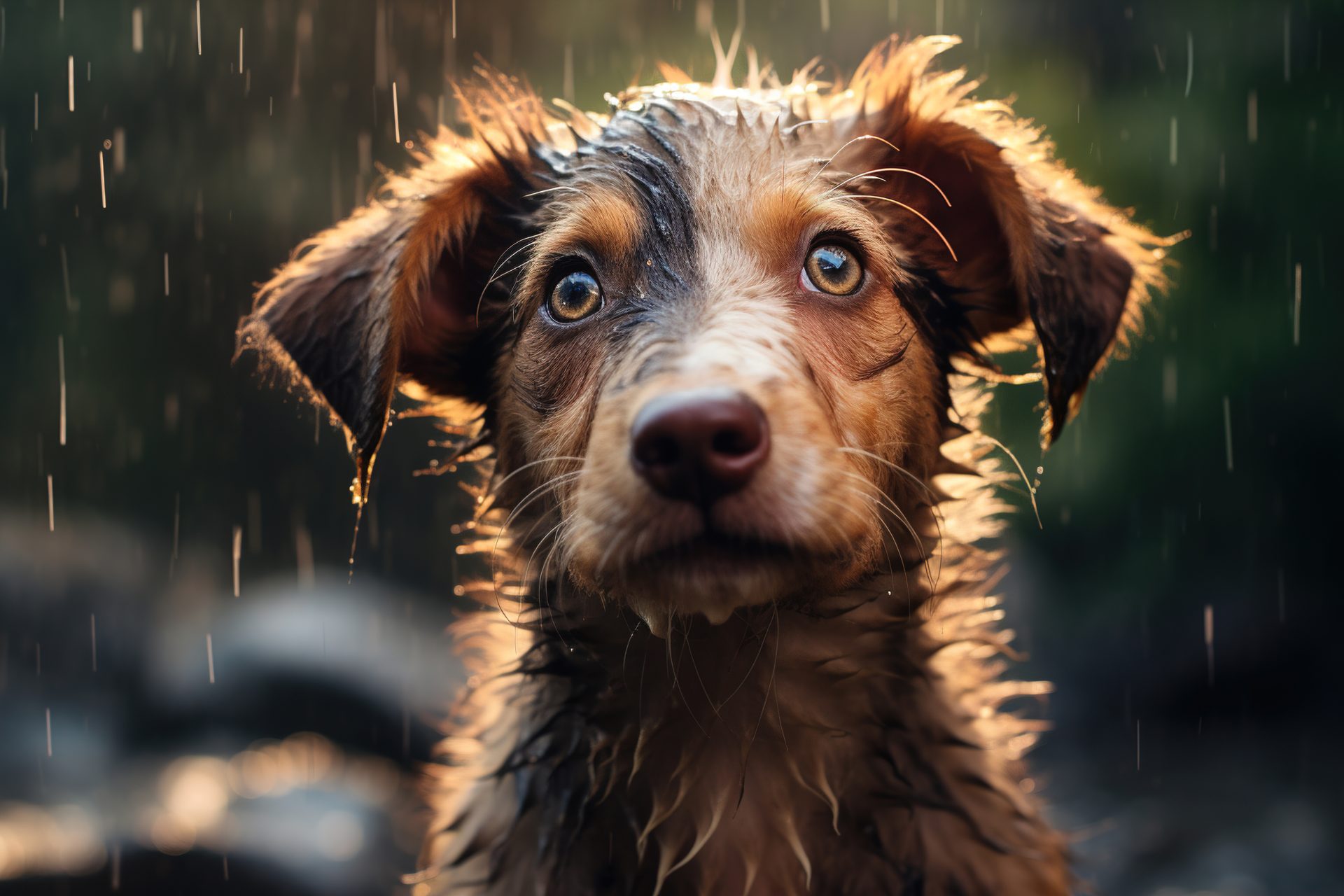 雨に打たれて悲しげな表情の犬